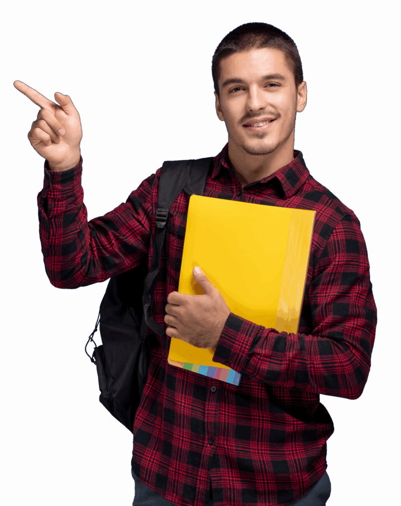 front view male student red checkered shirt with backpack holding yellow files smiling blue wall